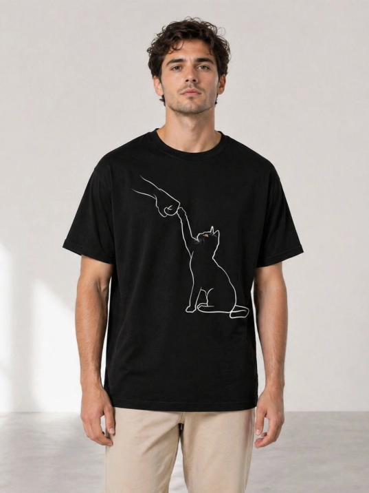 Erkek Minimal Kedi Çizim Baskılı Tişört Kısa Kol Yazlık T-shirt - Siyah