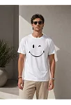 Erkek Minimal Gülümseyen Yüz Baskılı Tişört Kısa Kol Yazlık T-shirt - Beyaz