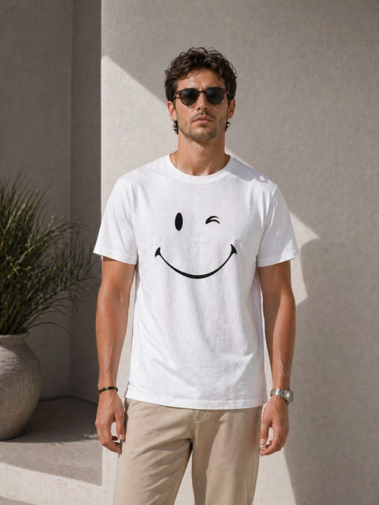Erkek Minimal Gülümseyen Yüz Baskılı Tişört Kısa Kol Yazlık T-shirt - Beyaz