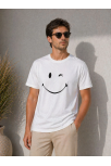 Erkek Minimal Gülümseyen Yüz Baskılı Tişört Kısa Kol Yazlık T-shirt - Beyaz