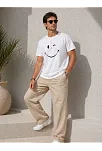 Erkek Minimal Gülümseyen Yüz Baskılı Tişört Kısa Kol Yazlık T-shirt - Beyaz