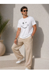 Erkek Minimal Gülümseyen Yüz Baskılı Tişört Kısa Kol Yazlık T-shirt - Beyaz