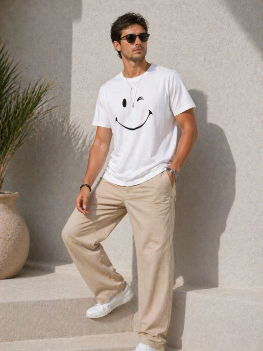 Erkek Minimal Gülümseyen Yüz Baskılı Tişört Kısa Kol Yazlık T-shirt - Beyaz