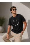 Erkek Minimal Gülümseyen Yüz Baskılı Tişört Kısa Kol Yazlık T-shirt - Siyah