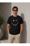 Erkek Minimal Gülümseyen Yüz Baskılı Tişört Kısa Kol Yazlık T-shirt - Siyah