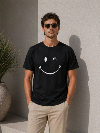 Erkek Minimal Gülümseyen Yüz Baskılı Tişört Kısa Kol Yazlık T-shirt - Siyah