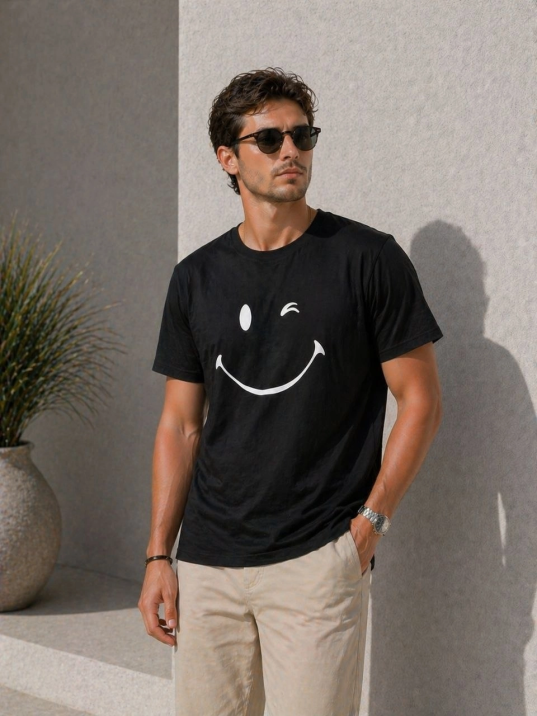 Erkek Minimal Gülümseyen Yüz Baskılı Tişört Kısa Kol Yazlık T-shirt - Siyah