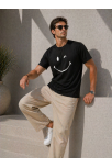 Erkek Minimal Gülümseyen Yüz Baskılı Tişört Kısa Kol Yazlık T-shirt - Siyah