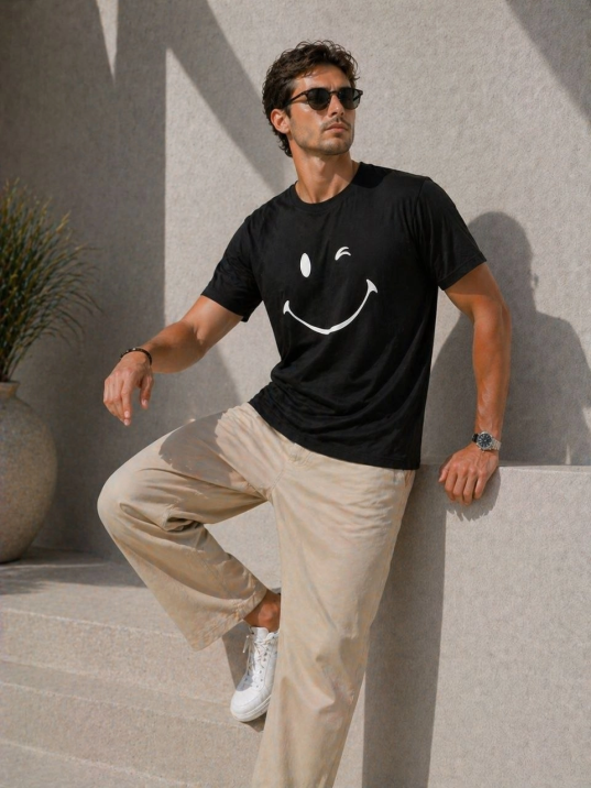 Erkek Minimal Gülümseyen Yüz Baskılı Tişört Kısa Kol Yazlık T-shirt - Siyah