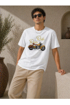 Erkek Motosiklet Baskılı Tişört Bisiklet Yaka Kısa Kol Yazlık T-shirt - Beyaz