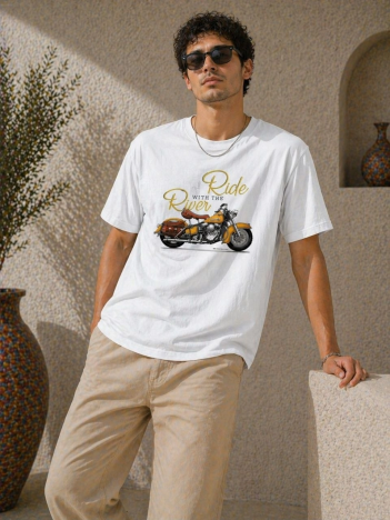 Erkek Motosiklet Baskılı Tişört Bisiklet Yaka Kısa Kol Yazlık T-shirt - Beyaz