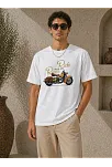 Erkek Motosiklet Baskılı Tişört Bisiklet Yaka Kısa Kol Yazlık T-shirt - Beyaz