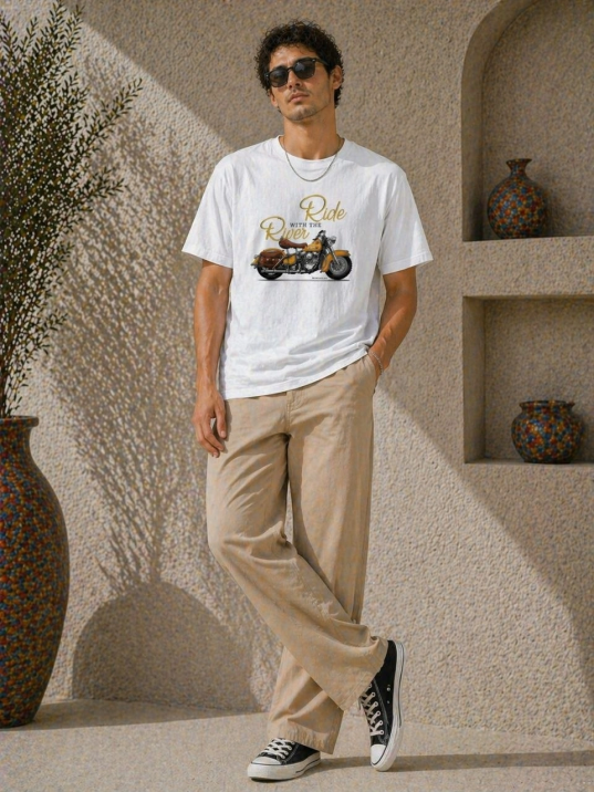Erkek Motosiklet Baskılı Tişört Bisiklet Yaka Kısa Kol Yazlık T-shirt - Beyaz