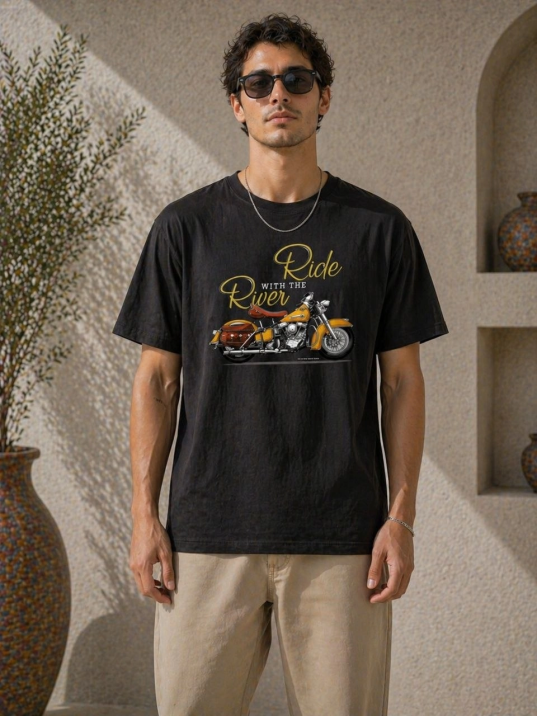 Erkek Motosiklet Baskılı Tişört Bisiklet Yaka Kısa Kol Yazlık T-shirt - Siyah
