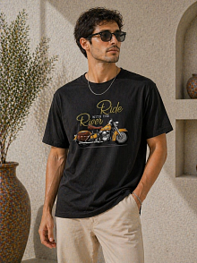 Erkek Motosiklet Baskılı Tişört Bisiklet Yaka Kısa Kol Yazlık T-shirt - Siyah