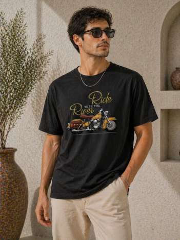Erkek Motosiklet Baskılı Tişört Bisiklet Yaka Kısa Kol Yazlık T-shirt - Siyah