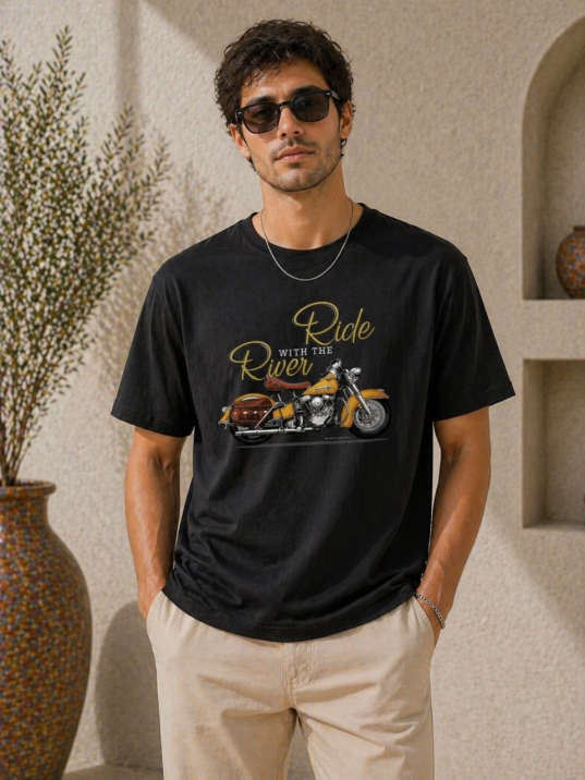 Erkek Motosiklet Baskılı Tişört Bisiklet Yaka Kısa Kol Yazlık T-shirt - Siyah