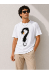 Erkek Kuğu Figürlü Soru İşareti Baskılı Tişört Kısa Kol T-shirt - Beyaz