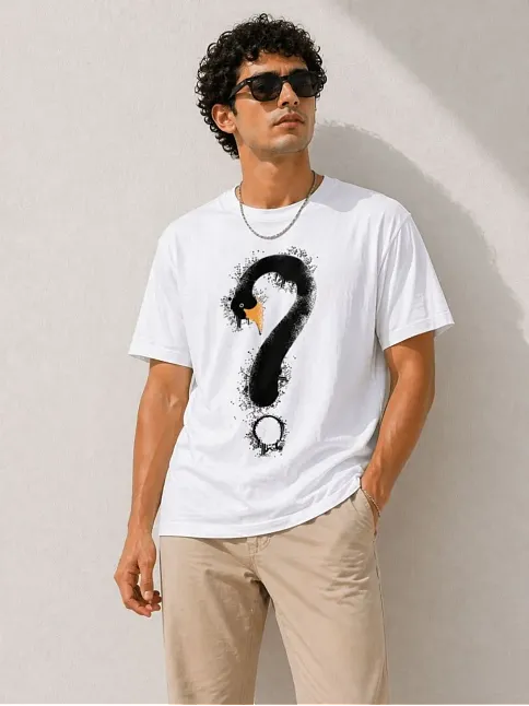 Erkek Kuğu Figürlü Soru İşareti Baskılı Tişört Kısa Kol T-shirt - Beyaz