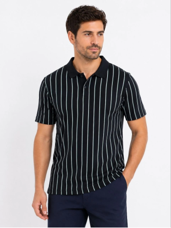 Erkek Pike Kumaş Çizgili Polo Yaka Tişört Kısa Kol Yazlık T-shirt - Siyah