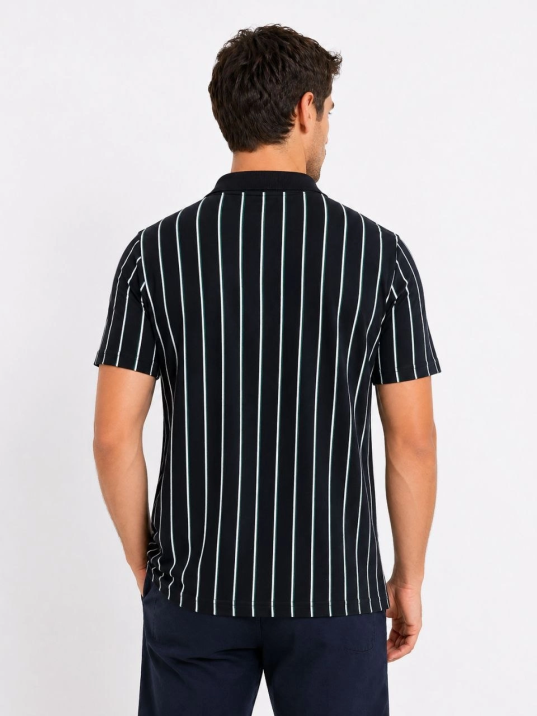 Erkek Pike Kumaş Çizgili Polo Yaka Tişört Kısa Kol Yazlık T-shirt - Siyah