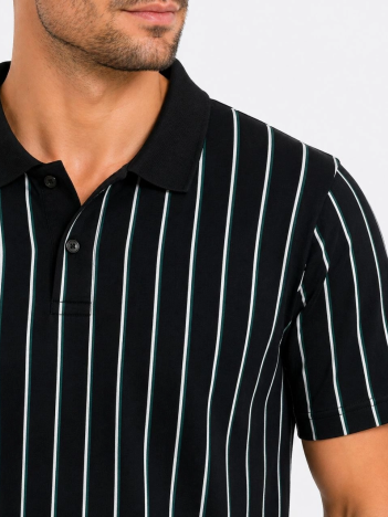 Erkek Pike Kumaş Çizgili Polo Yaka Tişört Kısa Kol Yazlık T-shirt - Siyah