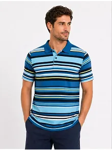 Erkek Çizgili Polo Yaka Tişört Kısa Kol Yazlık T-shirt Regular Fit - Mavi