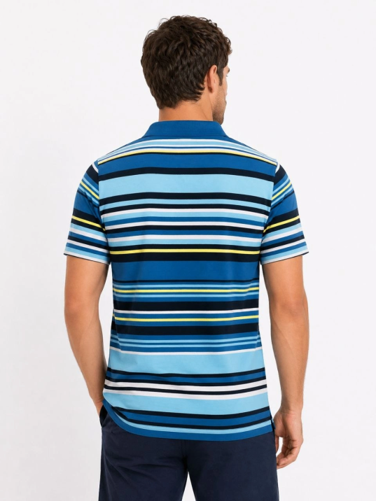 Erkek Çizgili Polo Yaka Tişört Kısa Kol Yazlık T-shirt Regular Fit - Mavi