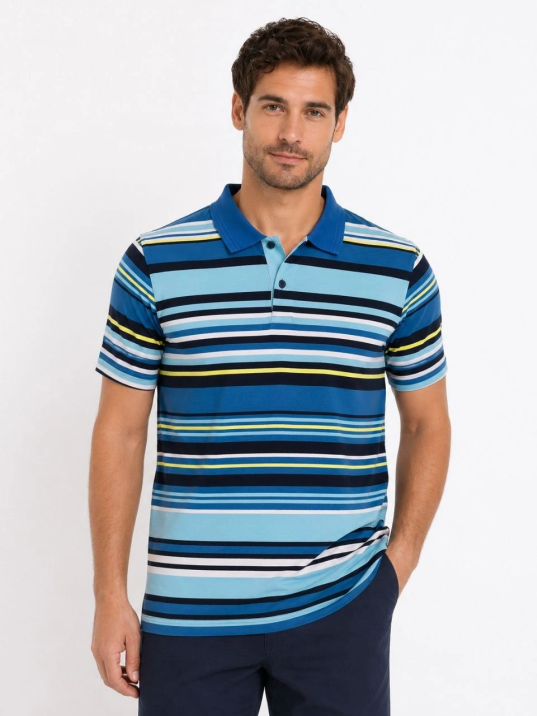 Erkek Çizgili Polo Yaka Tişört Kısa Kol Yazlık T-shirt Regular Fit - Mavi