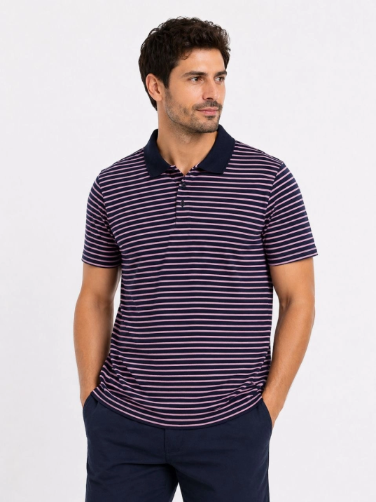 Erkek Pike Kumaş Gül Kurusu Çizgili Polo Yaka Tişört Kısa Kol T-shirt - Siyah