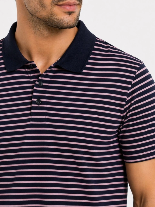 Erkek Pike Kumaş Gül Kurusu Çizgili Polo Yaka Tişört Kısa Kol T-shirt - Siyah
