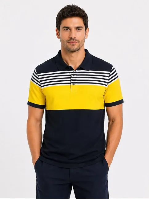 Erkek Pike Kumaş Çizgili Polo Yaka Tişört Kısa Kol Yazlık T-shirt - Lacivert
