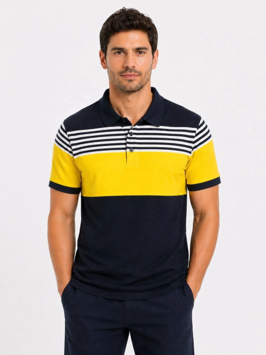 Erkek Pike Kumaş Çizgili Polo Yaka Tişört Kısa Kol Yazlık T-shirt - Lacivert