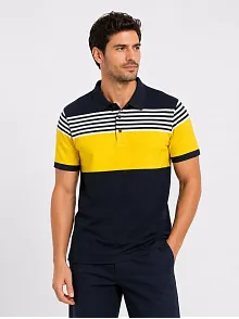 Erkek Pike Kumaş Çizgili Polo Yaka Tişört Kısa Kol Yazlık T-shirt - Lacivert