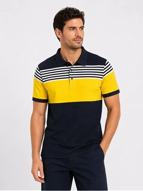 Erkek Pike Kumaş Çizgili Polo Yaka Tişört Kısa Kol Yazlık T-shirt - Lacivert