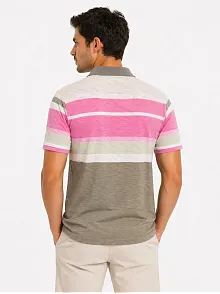 Erkek Flamlı Penye Çizgili Polo Yaka Tişört Kısa Kol Yazlık T-shirt - Gri