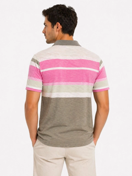 Erkek Flamlı Penye Çizgili Polo Yaka Tişört Kısa Kol Yazlık T-shirt - Gri
