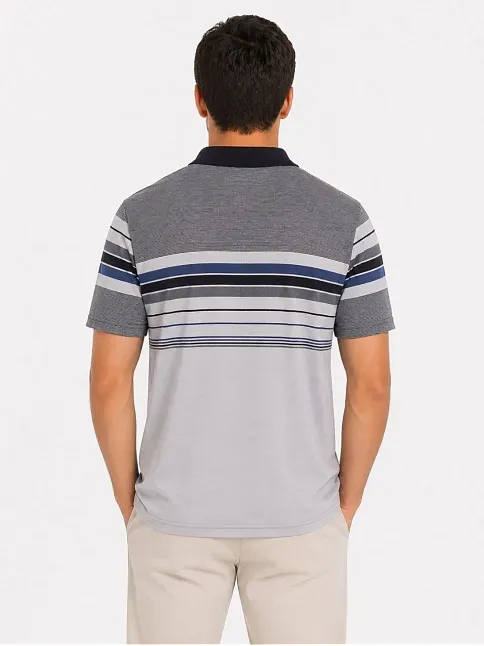 Erkek Flamlı Penye Çizgili Polo Yaka Tişört Kısa Kol Yazlık T-shirt - Gri