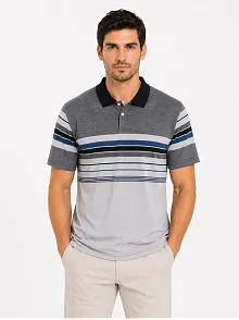 Erkek Flamlı Penye Çizgili Polo Yaka Tişört Kısa Kol Yazlık T-shirt - Gri