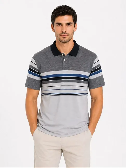 Erkek Flamlı Penye Çizgili Polo Yaka Tişört Kısa Kol Yazlık T-shirt - Gri