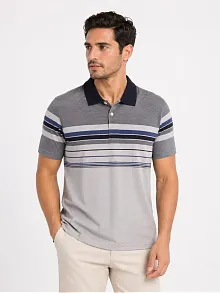 Erkek Flamlı Penye Çizgili Polo Yaka Tişört Kısa Kol Yazlık T-shirt - Gri