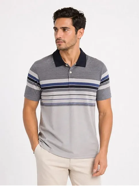 Erkek Flamlı Penye Çizgili Polo Yaka Tişört Kısa Kol Yazlık T-shirt - Gri
