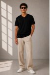 Erkek V Yaka Basic Tişört Kısa Kol Yazlık Regular Fit T-shirt - Siyah