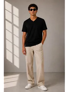 Erkek V Yaka Basic Tişört Kısa Kol Yazlık Regular Fit T-shirt - Siyah