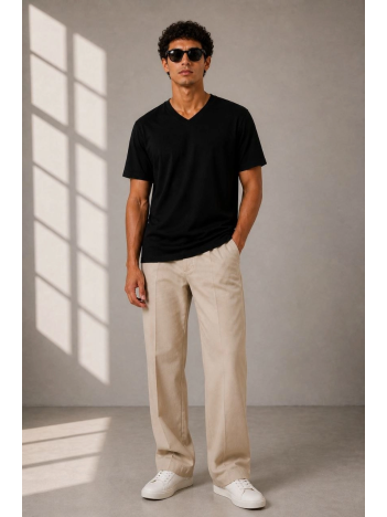 Erkek V Yaka Basic Tişört Kısa Kol Yazlık Regular Fit T-shirt - Siyah