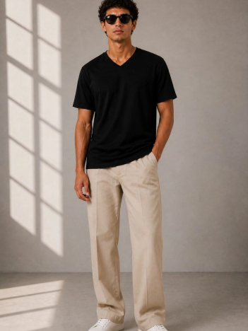 Erkek V Yaka Basic Tişört Kısa Kol Yazlık Regular Fit T-shirt - Siyah