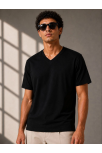 Erkek V Yaka Basic Tişört Kısa Kol Yazlık Regular Fit T-shirt - Siyah