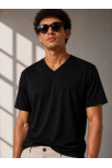 Erkek V Yaka Basic Tişört Kısa Kol Yazlık Regular Fit T-shirt - Siyah
