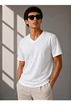 Erkek V Yaka Basic Tişört Kısa Kol Yazlık Regular Fit T-shirt - Beyaz