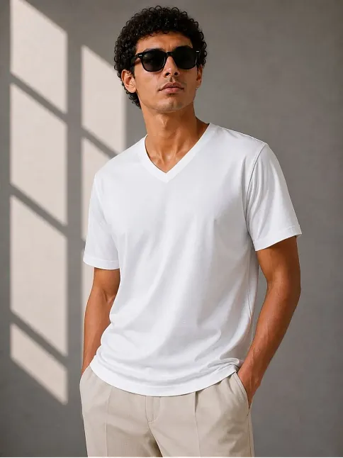 Erkek V Yaka Basic Tişört Kısa Kol Yazlık Regular Fit T-shirt - Beyaz